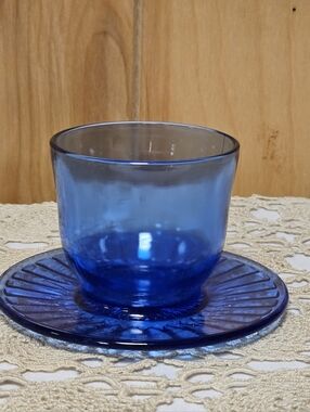 Vintage 30s Macbeth-Evans Petalware Blue Glass Condiment Cup w/Attached Plate